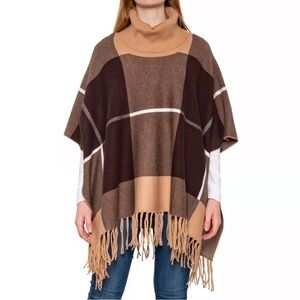 NWT House of Harlow 1960 Moc Neck Plaid Fringed Poncho Brown and Tan OS